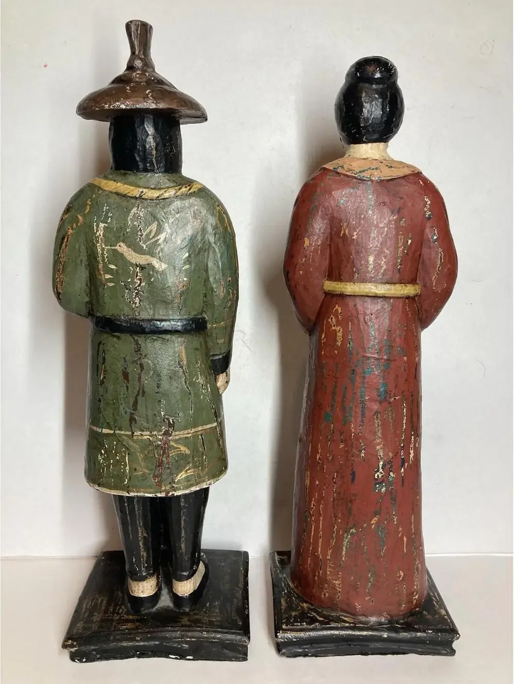 Vintage 1960s Carved Wood Asian Man Woman Painted Figurines Folk Art Philippines